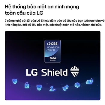 LG Shield, applied to LG OLED evo AI G6, is shown with an LG Shield logo at the center, security icons below, and a 2026 CES Innovation Awards Honoree badge above, representing data and system protection.